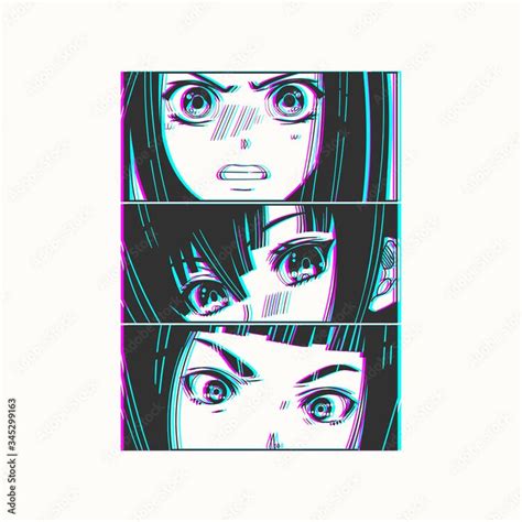 Three Pairs Of Asian Eyes Look Glitch Effect Manga Style Japanese