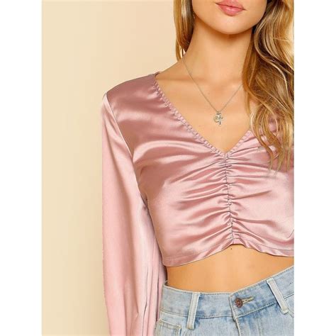 Pink V Neck Solid Satin Crop Top In 2021 Satin Crop Top Tops Crop Tops