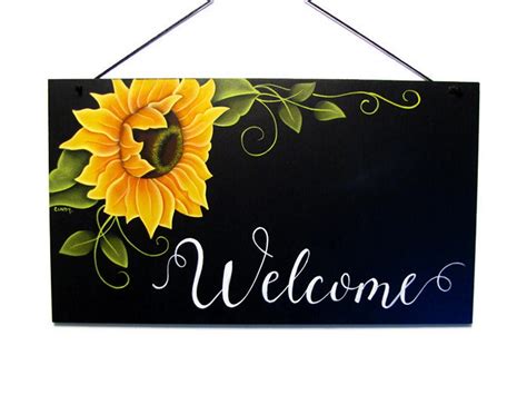 Sunflower Welcome Sign Handpainted Wood Hand Painted Etsy Tole