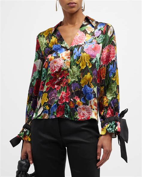 Alice Olivia Randa Tied Blouson Sleeve Button Front Blouse Neiman