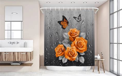 Yellow Rose Shower Curtain Butterfly Grey Teardrop Background Floral