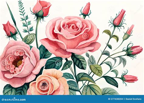 Drawing With Watercolor Bouquet Of Roses And Buds Botanical