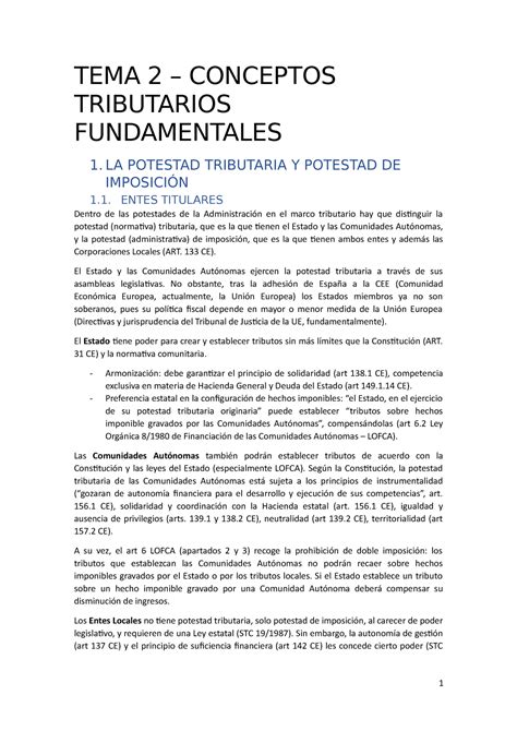 TEMA 2 Apuntes 2 TEMA 2 CONCEPTOS TRIBUTARIOS FUNDAMENTALES 1 LA