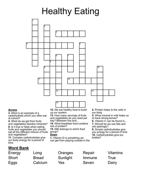 Healthy Eating Crossword Puzzle Printables