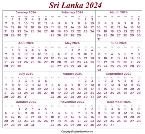 Sri Lanka Calendar With Holidays Heddi Tanhya