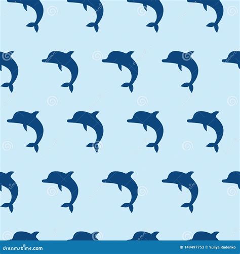 Vector Seamless Pattern With Cute Jumping Dolphins On Blue Background