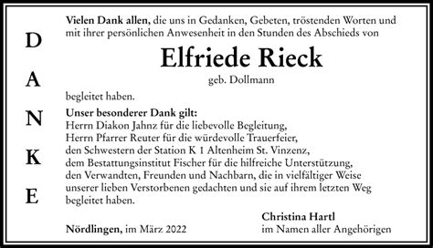 Traueranzeigen Von Elfriede Rieck Augsburger Allgemeine Zeitung