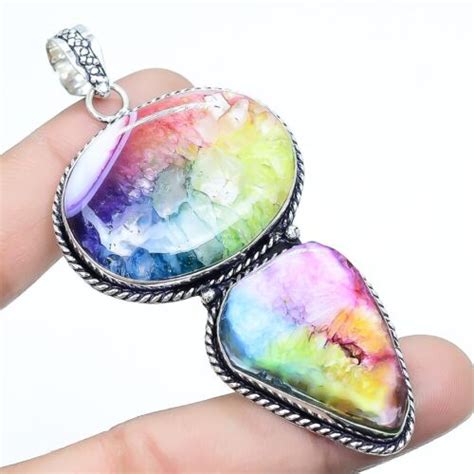 Rainbow Solar Quartz Druzy Gemstone Ethnic Silver Jewelry Pendant 3 2