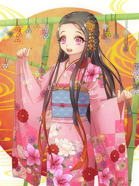 An Anime Character With Long Hair Wearing A Pink Kimono