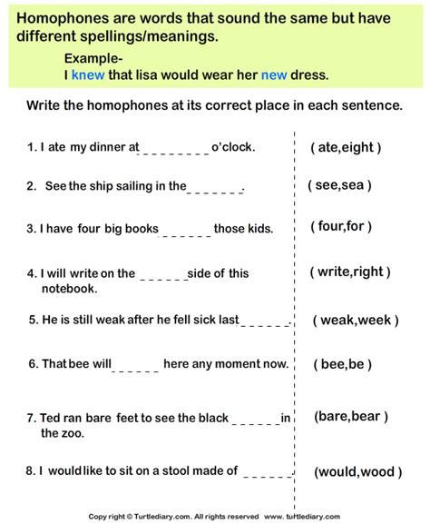 Complete The Sentence With The Correct Homophone Turtle Diary Worksheet