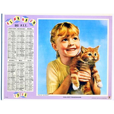 CALENDRIER ALMANACH DES PTT 1955 Enfants Chat Cocker