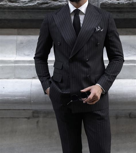 Willshaw Street Slim Fit All Black Pinstripe Double Breasted Two Piece Men S Suit With Peak