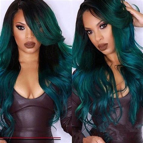 Long Wave Heat Resistant Hair Wigs Black Root Dark Green Wigs For Women