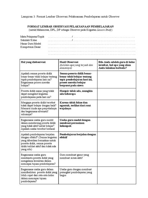 Lampiran 3 Format Lembar Observasi Pelaksanaan Pembelajaran Untuk