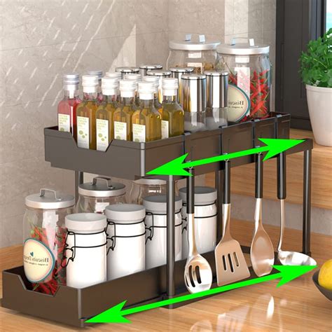 Yunnasi Organizer Sottolavello Cucina Nero Scaffale Sottolavello Cucina 2 Livelli Con 4 Ganci E