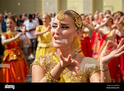 Moscow Russia 13th Of August 2022 Russian Women In Indian National Costumes Sing Hare