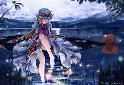 Safebooru 1girl Amber Eyes Barefoot Blonde Hair Breasts Butterfly Dress Gap Glowing Grass Hat