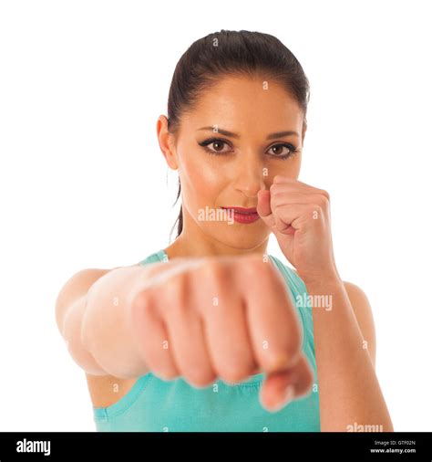 Beautiful Woman Boxing Into Copy Space Isolated Over White Background