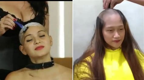 Beautiful Lady Crying Head Shave Long Hair To Full Bald Hair Cut