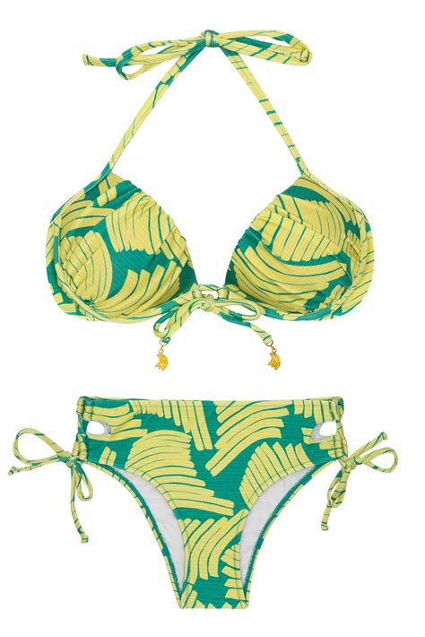 Larger Side Brazilian Bikini In Green Banana Print Banana Yellow