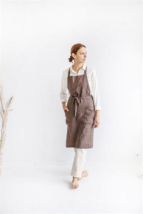 Linen Apron With Pockets Washed Linen Apron For Women And Etsy