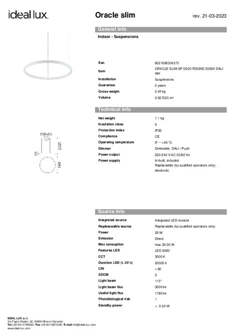 Ideal Lux ORACLE SLIM SP D050 ROUND 3000K Instructions