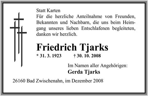 Traueranzeigen Von Friedrich Tjarks Nordwest Trauer De