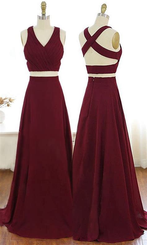 89 Burgundy Two Piece Long Prom Dresses