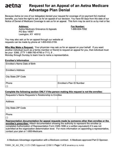 Fillable Form Gr 68765 2 12 Request For An Appeal Of An Aetna