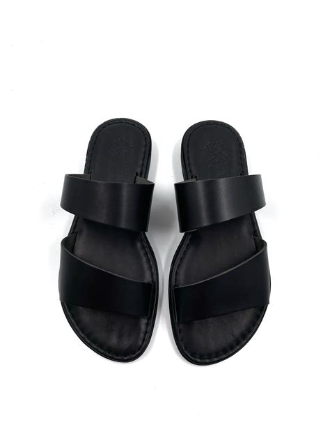 Sandalias De Cuero Con Punta Abierta Plana Negra Para Mujer Sandalias