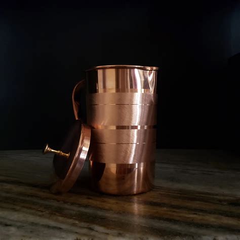 Pure Copper Water Pitcher Jug With Handle And Copper Lid With Brass