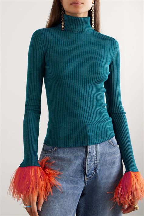 LA DOUBLEJ Feather Trimmed Ribbed Cashmere And Silk Blend Turtleneck