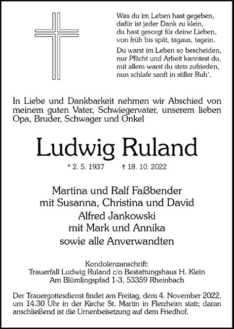 Traueranzeigen Von Ludwig Ruland Wirtrauern