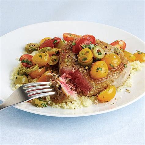 Pan Seared Tuna Steaks With Warm Tomato Basil And Olive Salad