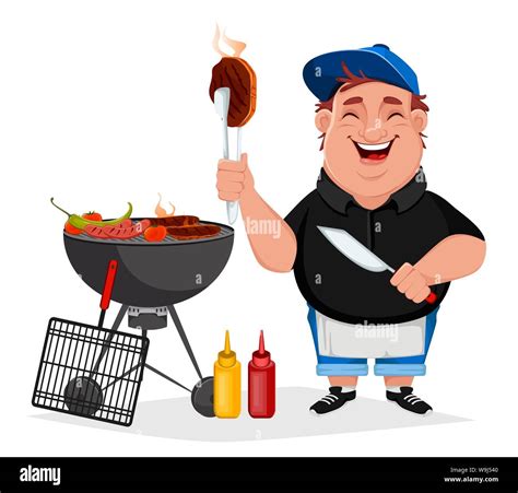 BBQ. Jóvenes Cocineros hombre alegre comida a la parrilla. Parrillada. Ilustración vectorial ...