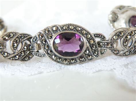 Vintage Art Deco Solid Sterling Silver Amethyst Marcasite Chunky