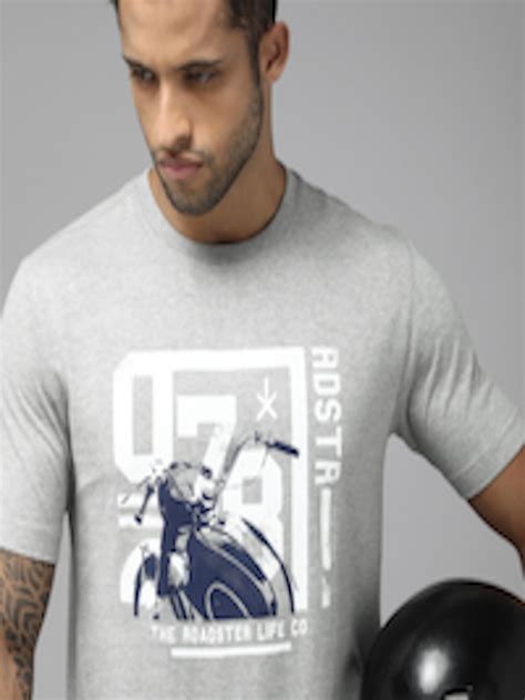 Buy Roadster Men Grey Melange And White Biker Printed Pure Cotton T Shirt Tshirts For Men