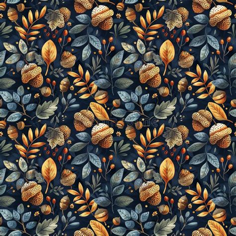 Autumn Leaves Berries And Acorns Seamless Pattern On Dark Blue