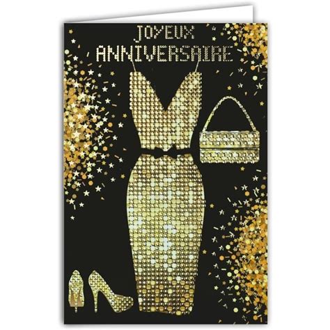 69 7069 Carte Joyeux Anniversaire Femme Fille Maman Mère Noir Or Strass