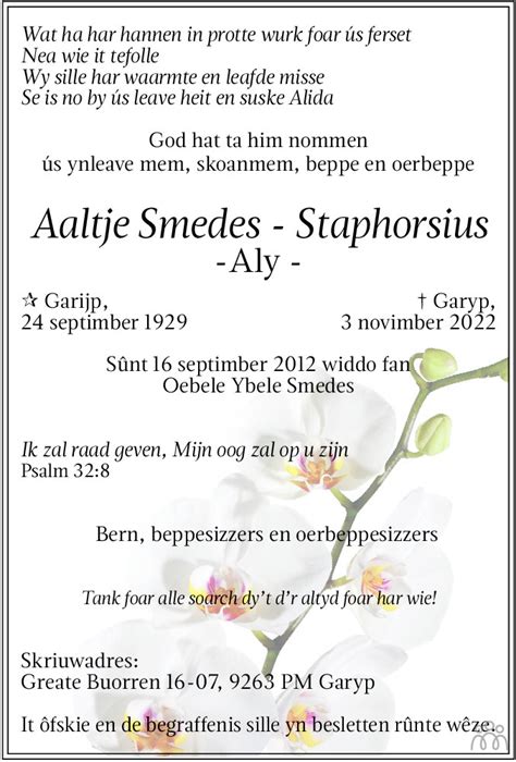 Aaltje Aly Smedes Staphorsius 03 11 2022 Overlijdensbericht En