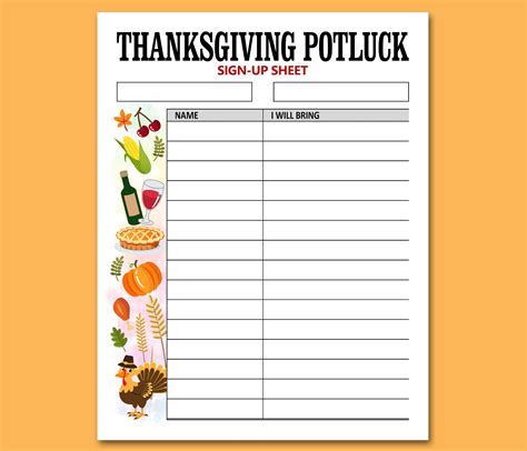 Thanksgiving Potluck Sign Up Sheet Printable Letter Size Thanksgiving