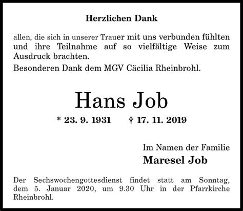 Traueranzeigen Von Hans Job Rz Trauer De