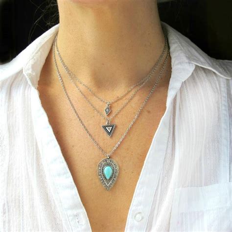 Boho Necklace Long Layered Necklace Set Long Layering Etsy Layered Necklaces Silver Long