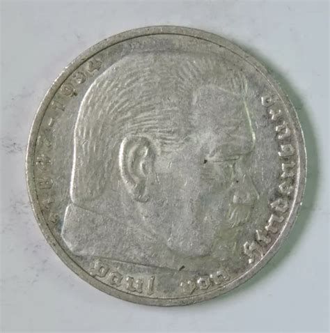 WWII 1936 G Germany Third Reich Hindenburg Five 5 Reichsmark Mark