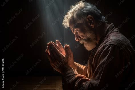 Old Religious Man Praying God With His Hands Sitting On His Knees Generative Ai Ilustração Do