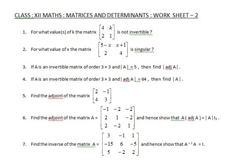 Xii Maths Matrices And Determinants Worksheet 2