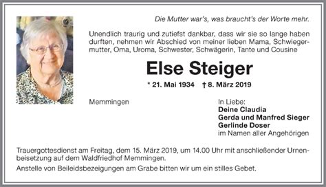 Traueranzeigen von Else Steiger Allgäuer Zeitung