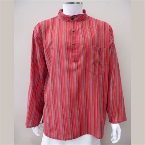 Hippy Casual Unisex Collarless GRANDAD SHIRT In RED Cotton Stripe