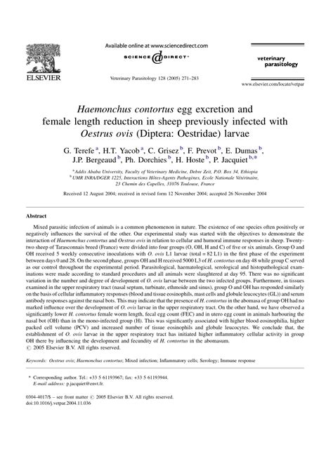 Pdf Haemonchus Contortus Egg Excretion And Female Length Reduction In