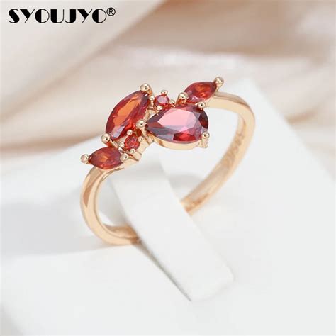 SYOUJYO Orange Red Natural Zircon Rings For Women 585 Rose Golden